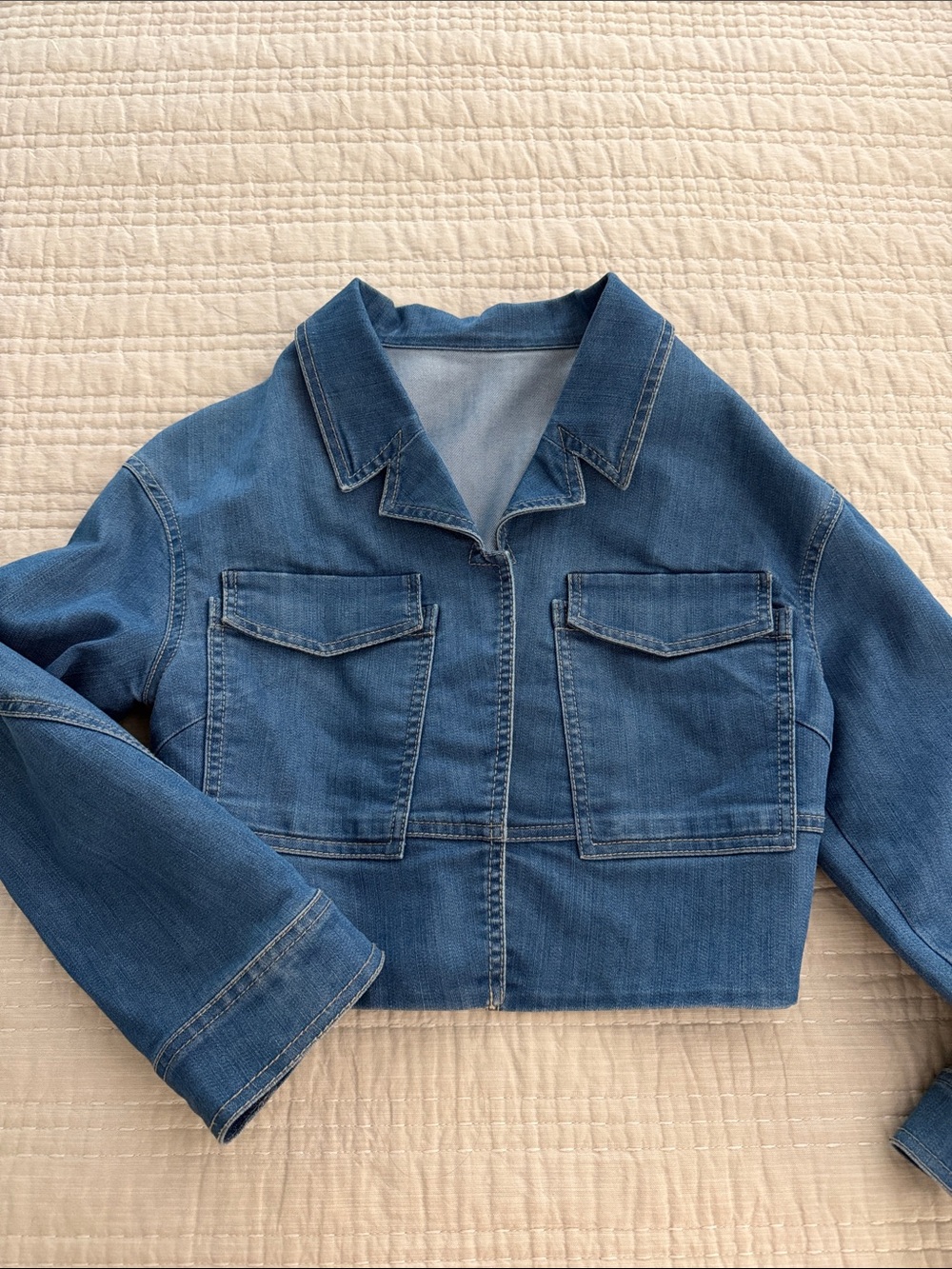 Cropped Blue Denim Jacket with Front Patch Pockets